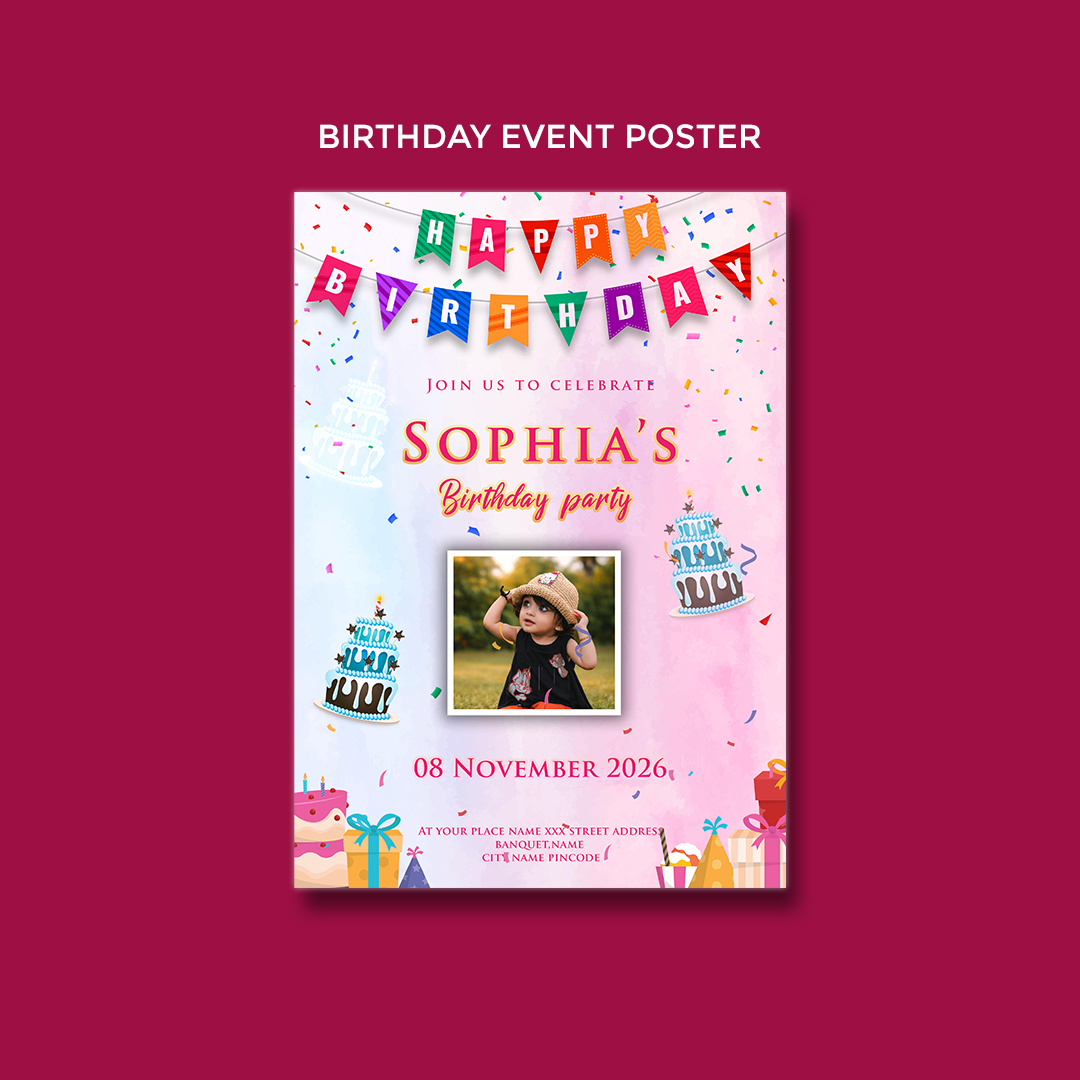 Colorful Birthday Event Poster with Photo – Kids Birthday Party Invitation Design