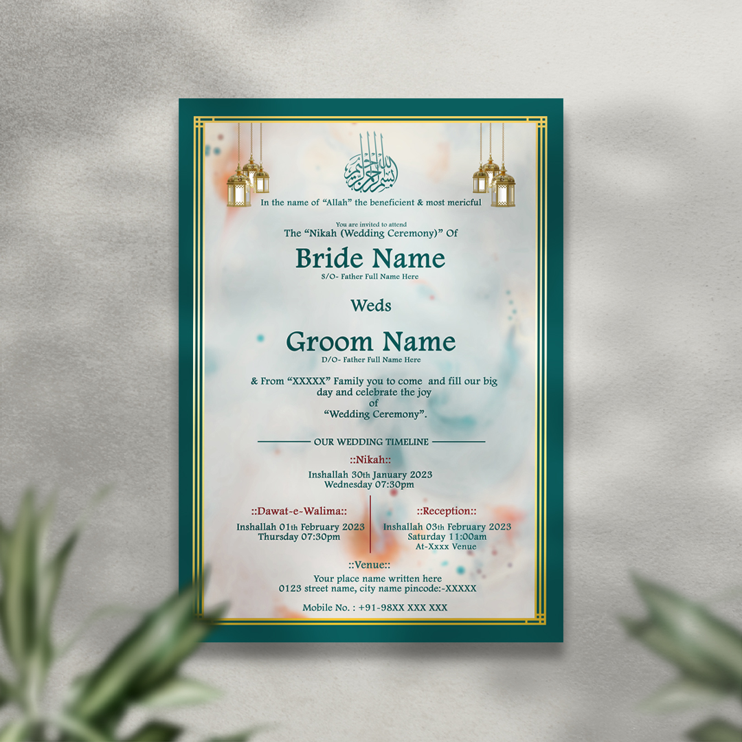 Elegant Islamic Nikah Wedding Invitation Card – Green & Gold Muslim Wedding Design