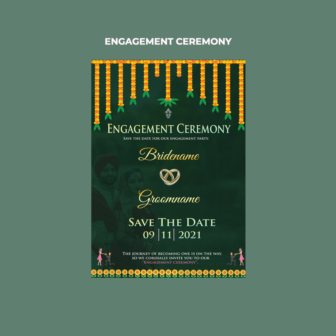 Traditional Green Engagement Ceremony Invitation Card with Floral Marigold Design